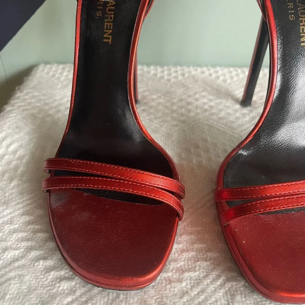 Saint Laurent / YSL Strappy Heeled Sandals, Metallic Rouge Orient, Size 37 - Picture 6 of 11